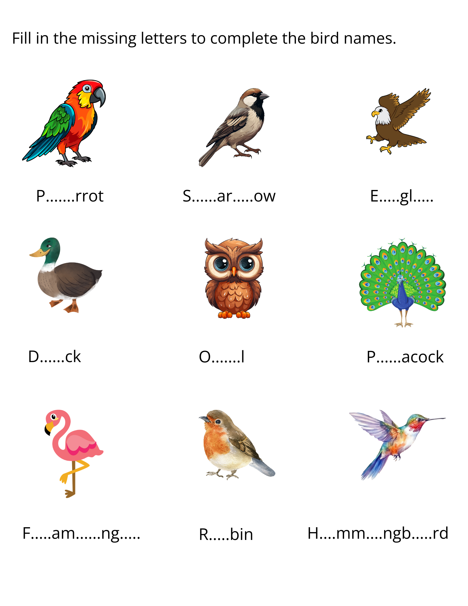 Preschool Birds Name Worksheet For Kindergarten