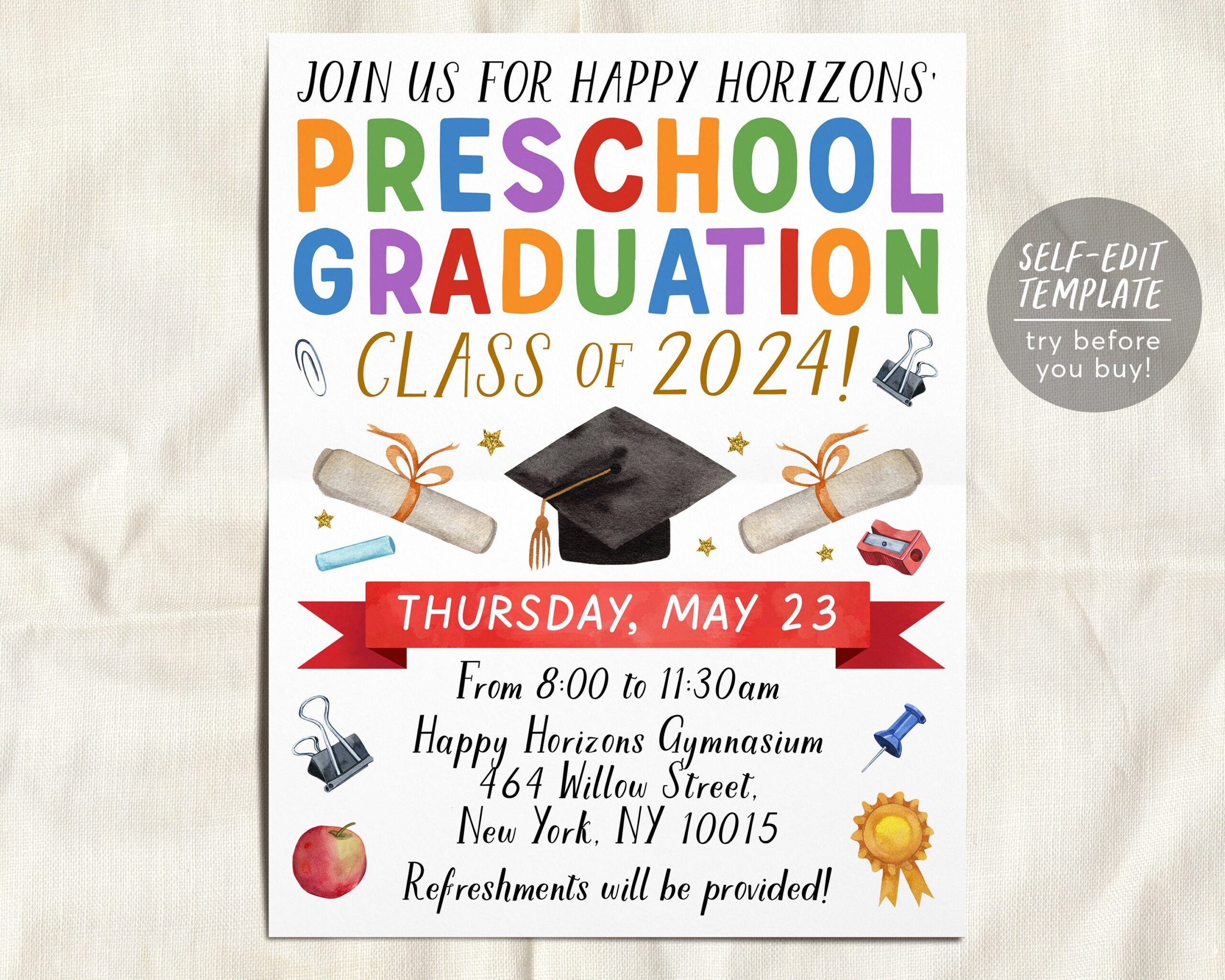 Preschool Graduation Invitation Flyer Editable Template Pre k Kindergarten Class Graduation Announcement Graduation Ceremony Invite Evite Etsy