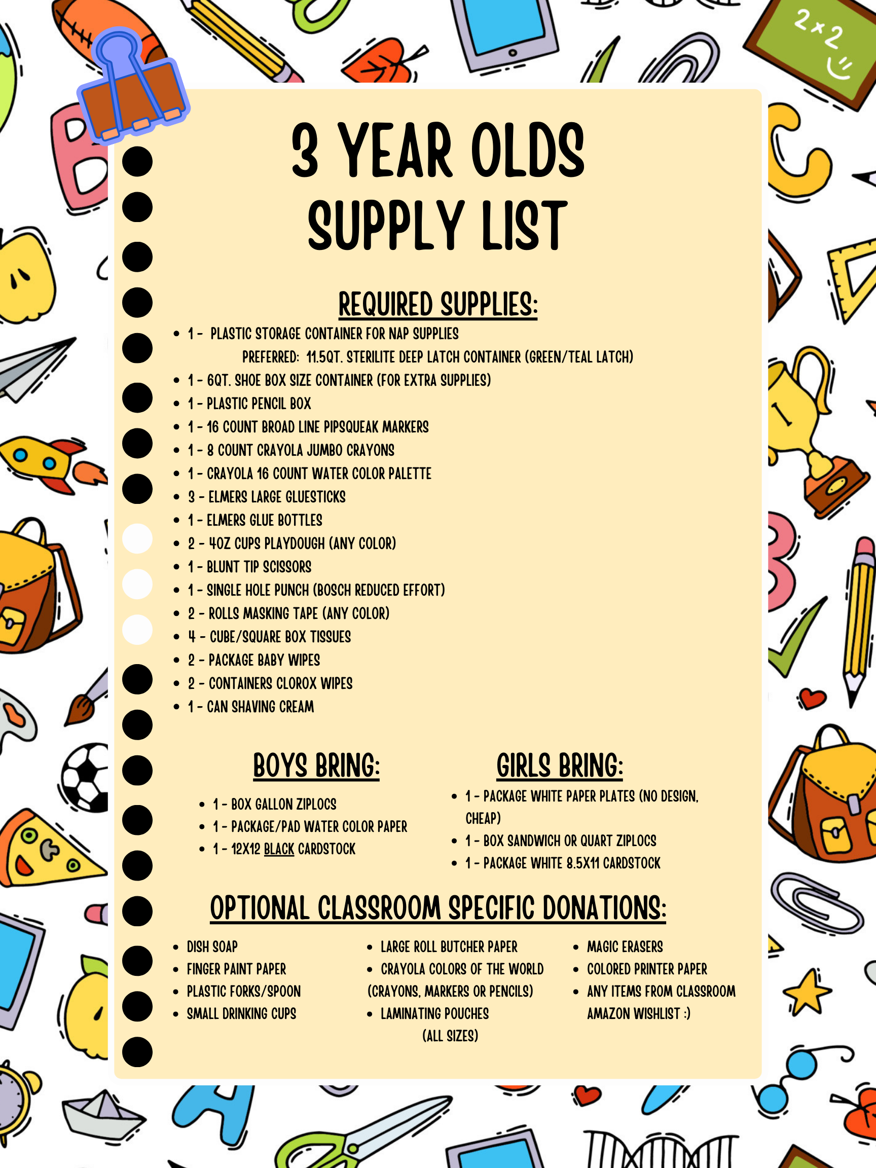 Preschool School Supplies Bethany Lutheran Church And School