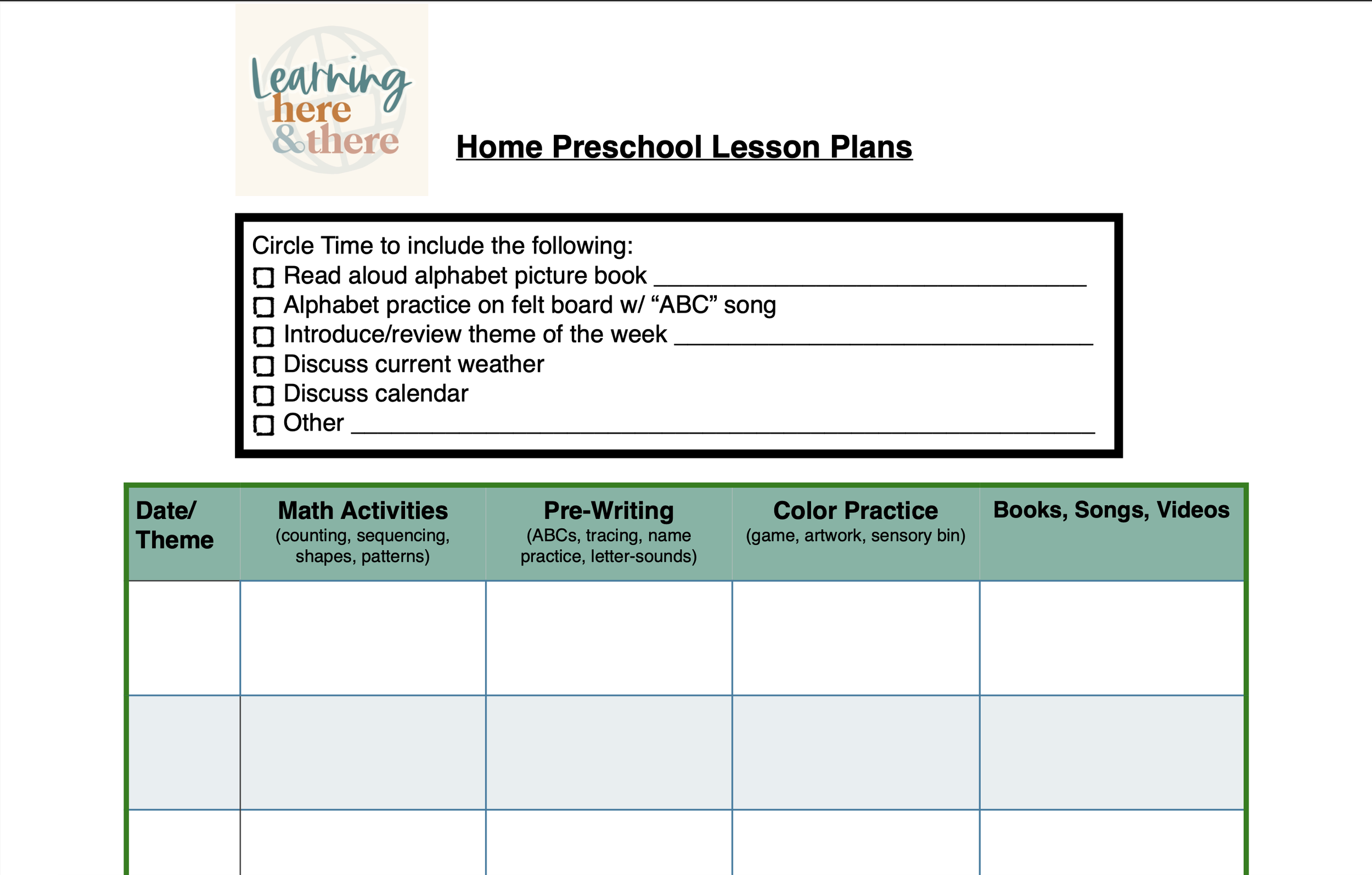 Printable Preschool Lesson Plans