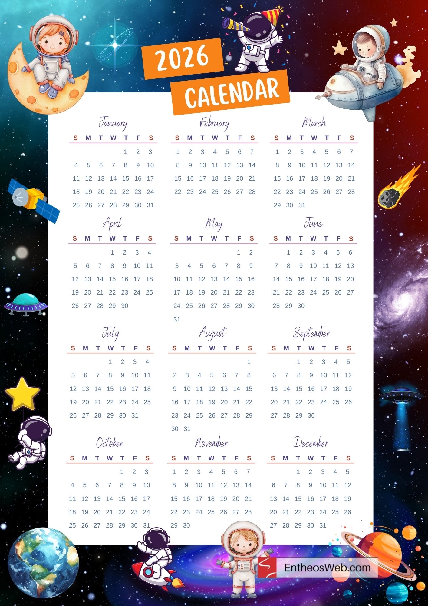 Printable Kids Calendar 2026 EntheosWeb