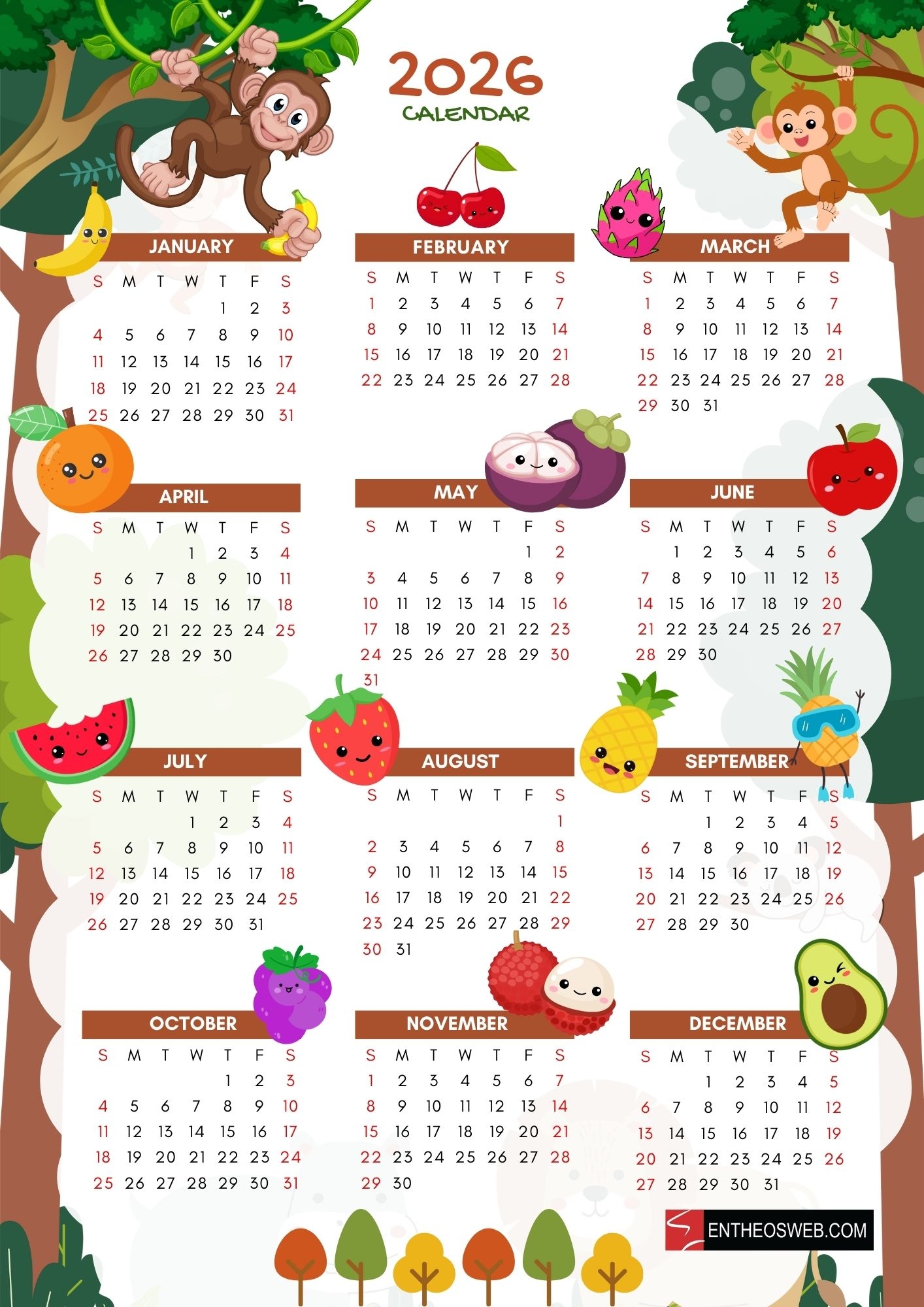 Printable Kids Calendar 2026 EntheosWeb