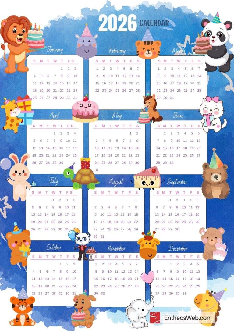 Printable Kids Calendar 2026 EntheosWeb