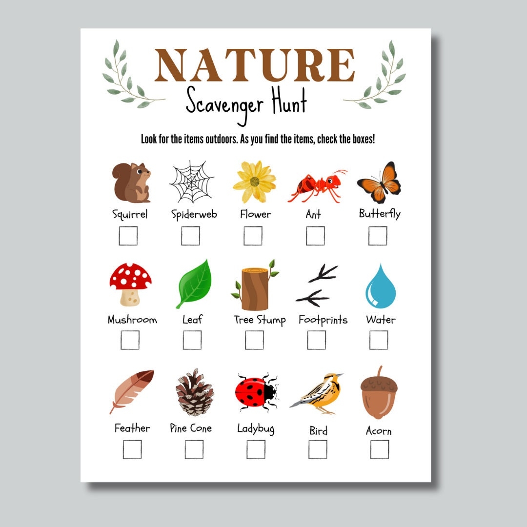 Printable Nature Scavenger Hunt Outdoor Scavenger Hunt Game Kids Camping Games Preschool Outdoor Activity Outdoor Activity Yard Games Etsy