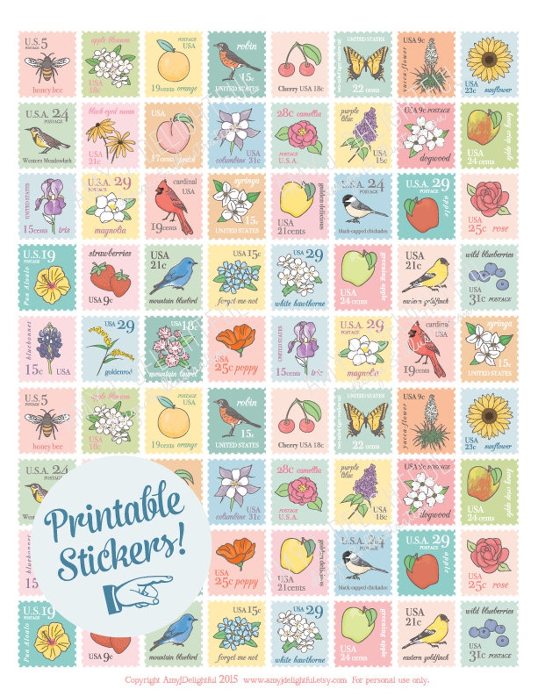 Printable Postage Stamp Style Stickers Digital File Instant Download state Symbols Crafting Planner Stickers Embellishment Hand Drawn Etsy
