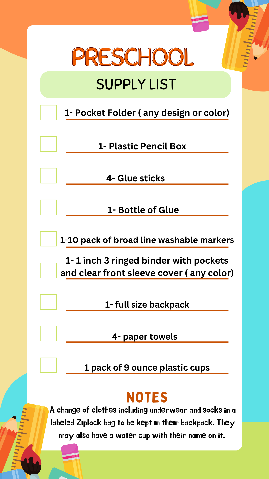 Printable Preschool Supply List