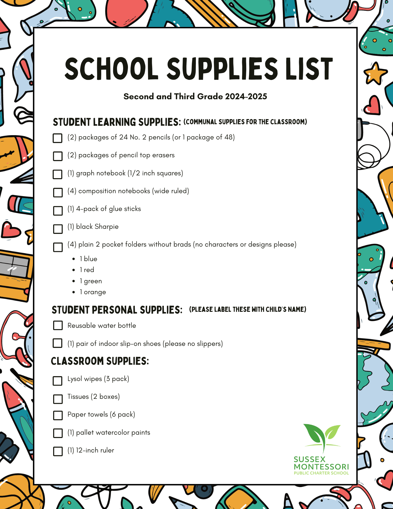 School Supply List Sussex Montessori School