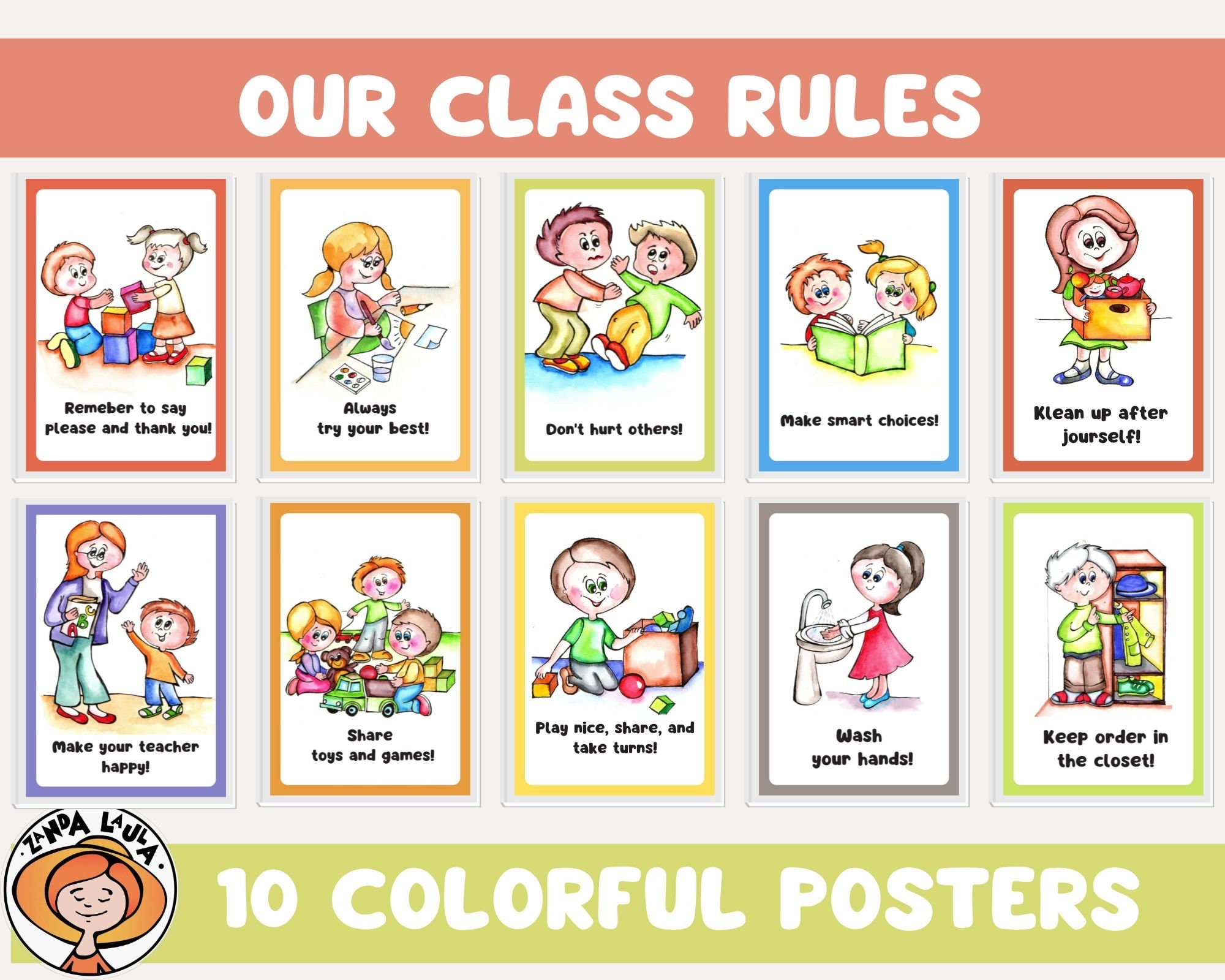 Simple Class Rules For Preschool And Daycare 10 Colrful Posters 