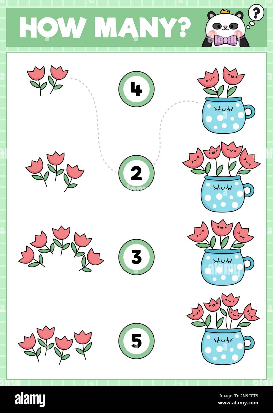 Spring Matching Game With Cute Kawaii Tulips In Cup Garden Math Activity For Preschool Kids Educational Printable Easter Counting Worksheet With Car Stock Vector Image U0026 Art Alamy