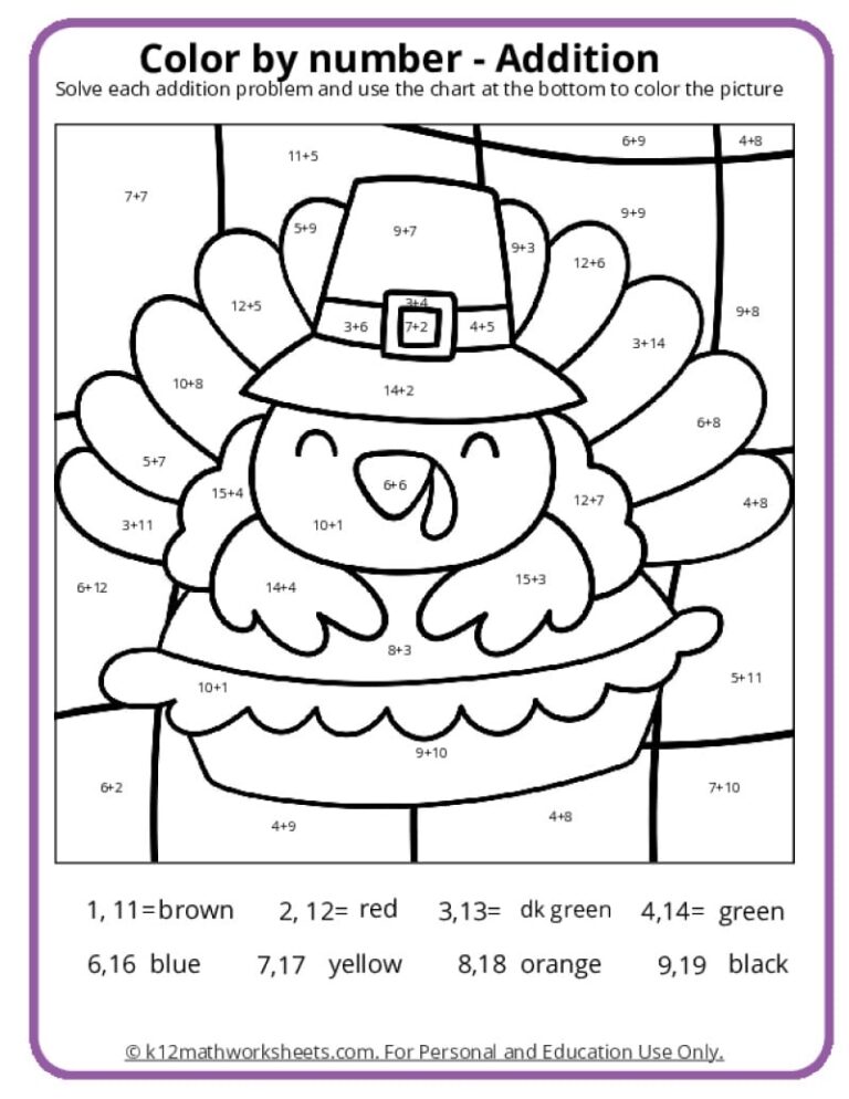 Thanksgiving Color By Number Pages K12 Math Worksheets