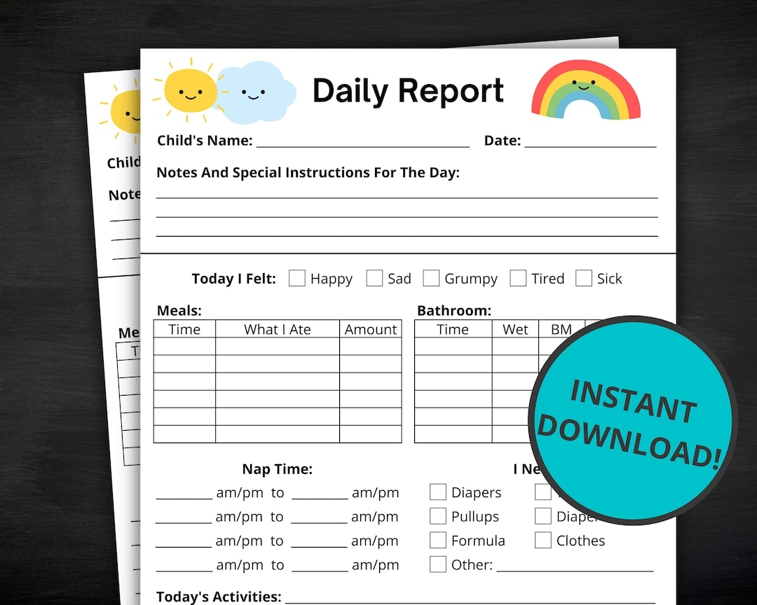 Toddler Daily Report Daily Log For Daycare Preschool Nanny Babysitter Childcare Centre Home Daycare Infant Report Daycare Reports Etsy