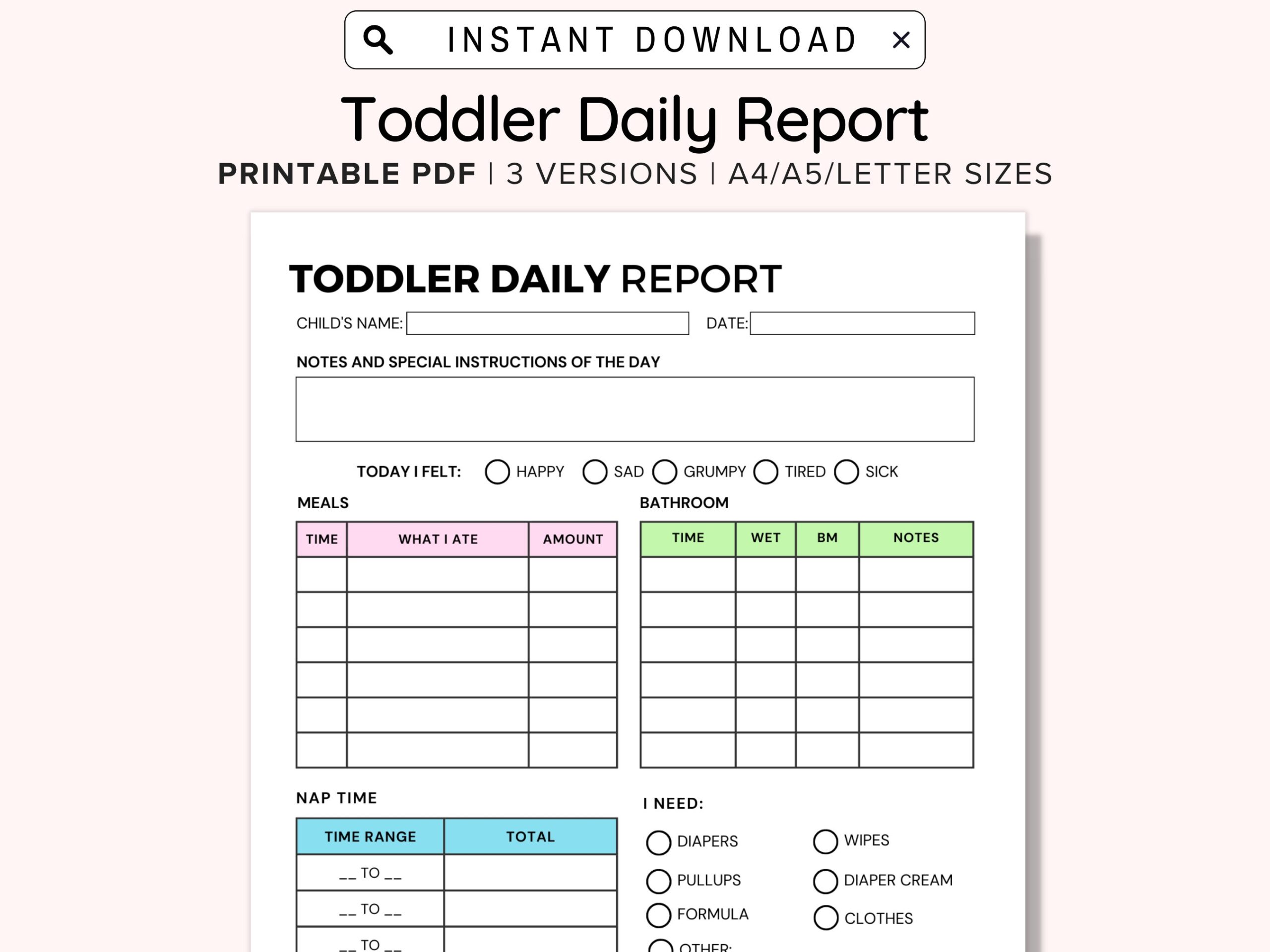 Toddler Daily Report Daily Log For Daycare Preschool Nanny 
