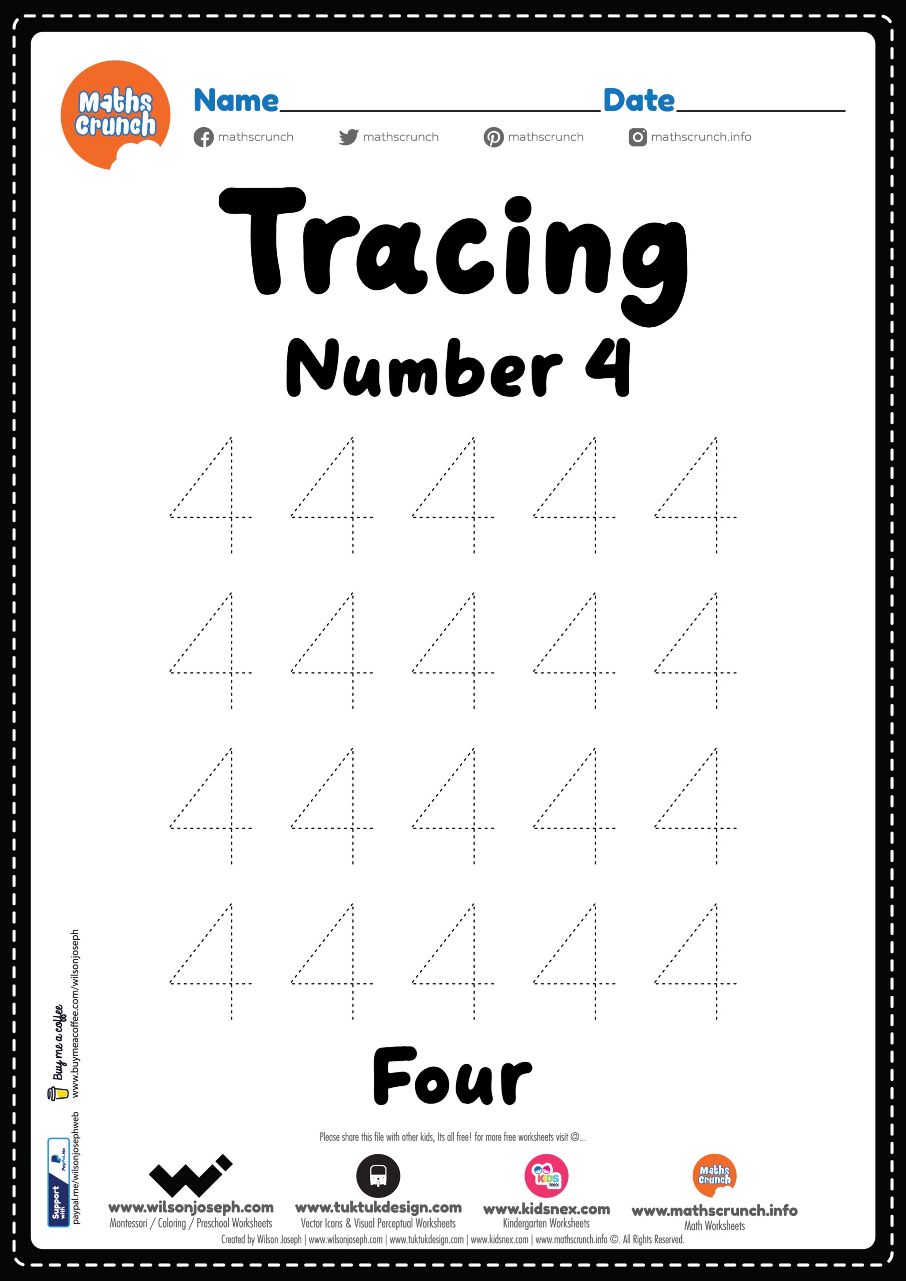 Tracing Number 4 Kindergarten Worksheet Free Printable PDF