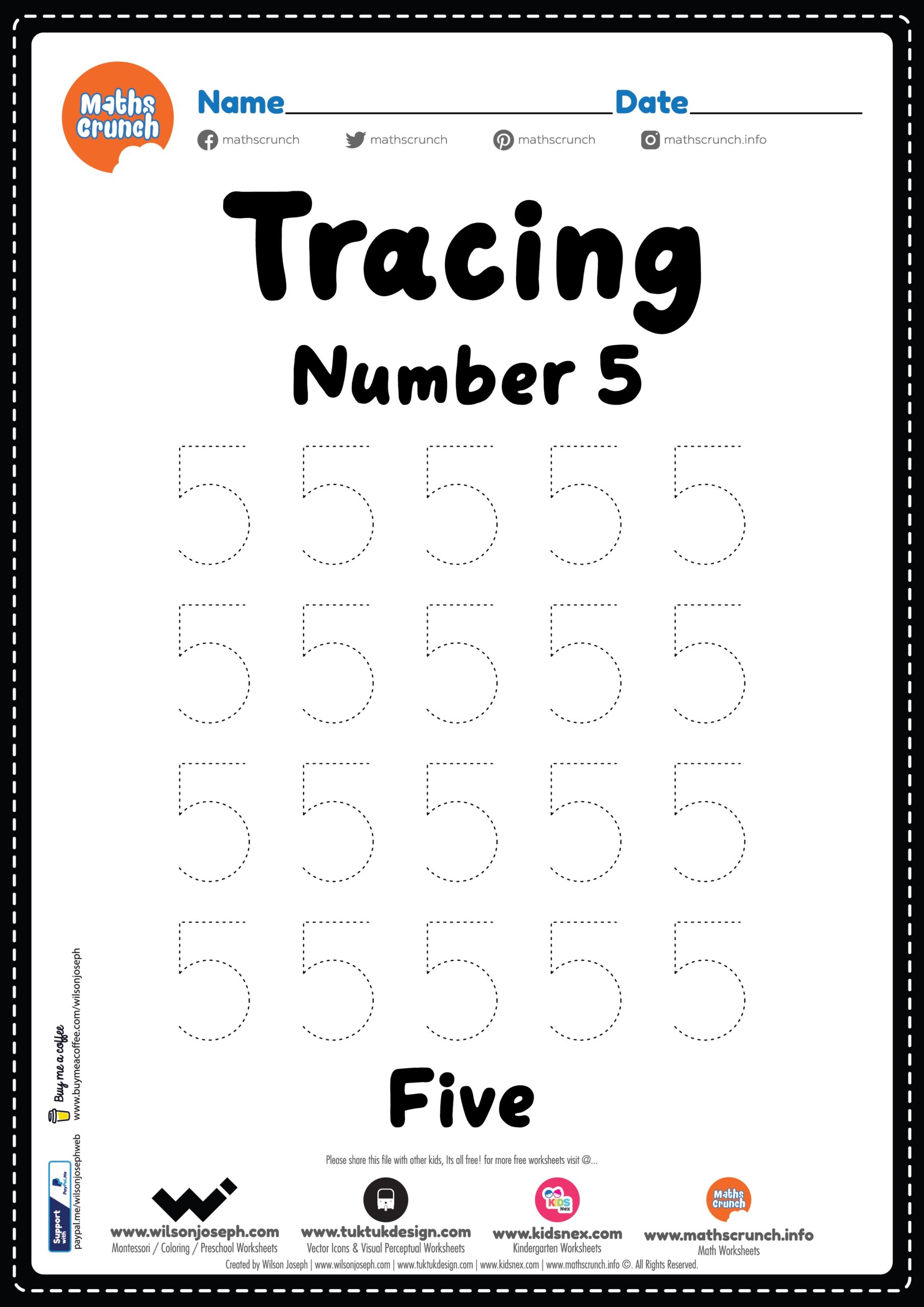Tracing Number 5 Kindergarten Worksheet Free Printable PDF