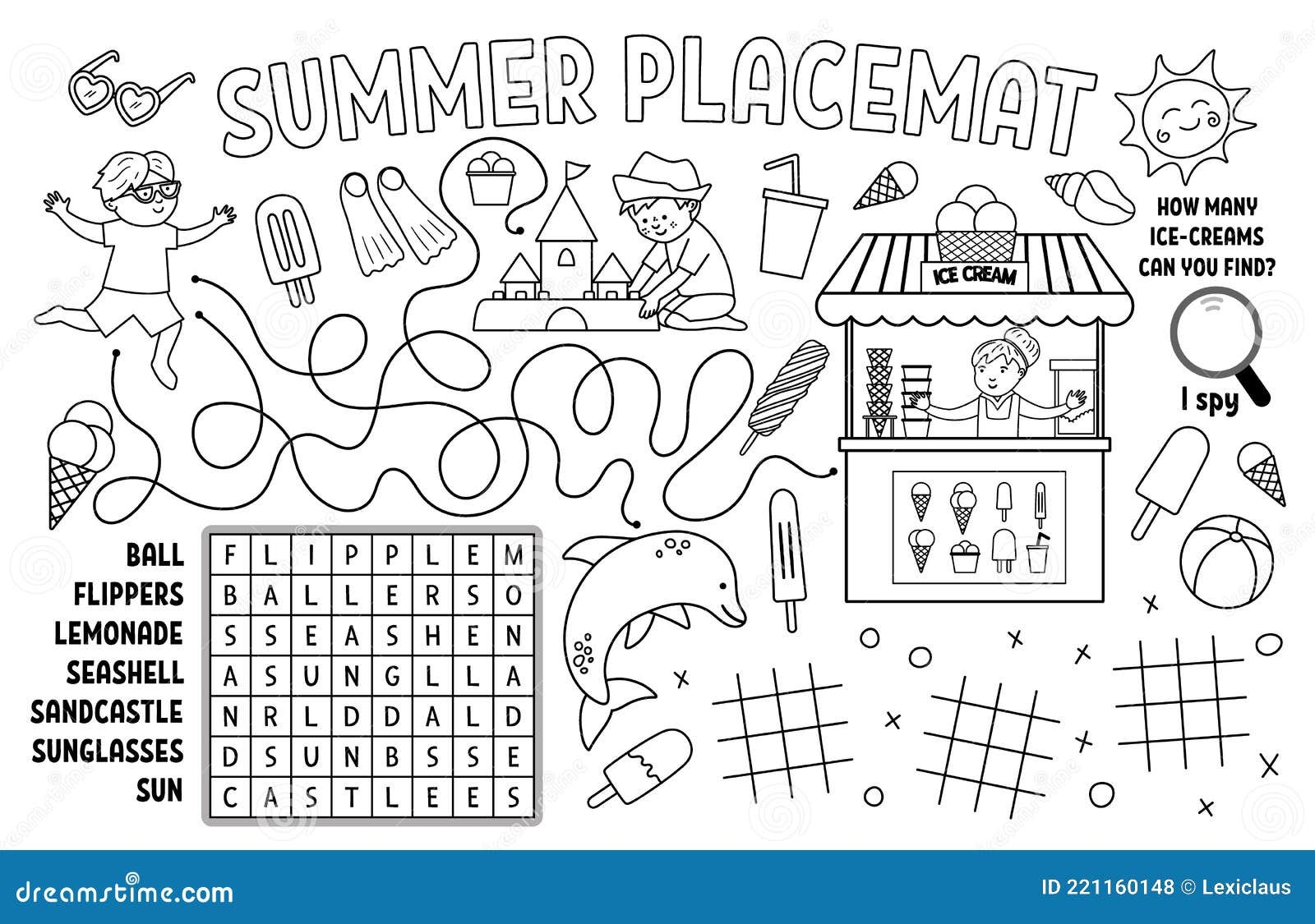 Vector Summer Placemat For Kids Beach Holidays Printable Activity Mat With Wordsearch Tic Tac Toe Charts Maze Stock Vector Illustration Of Line Outline 221160148