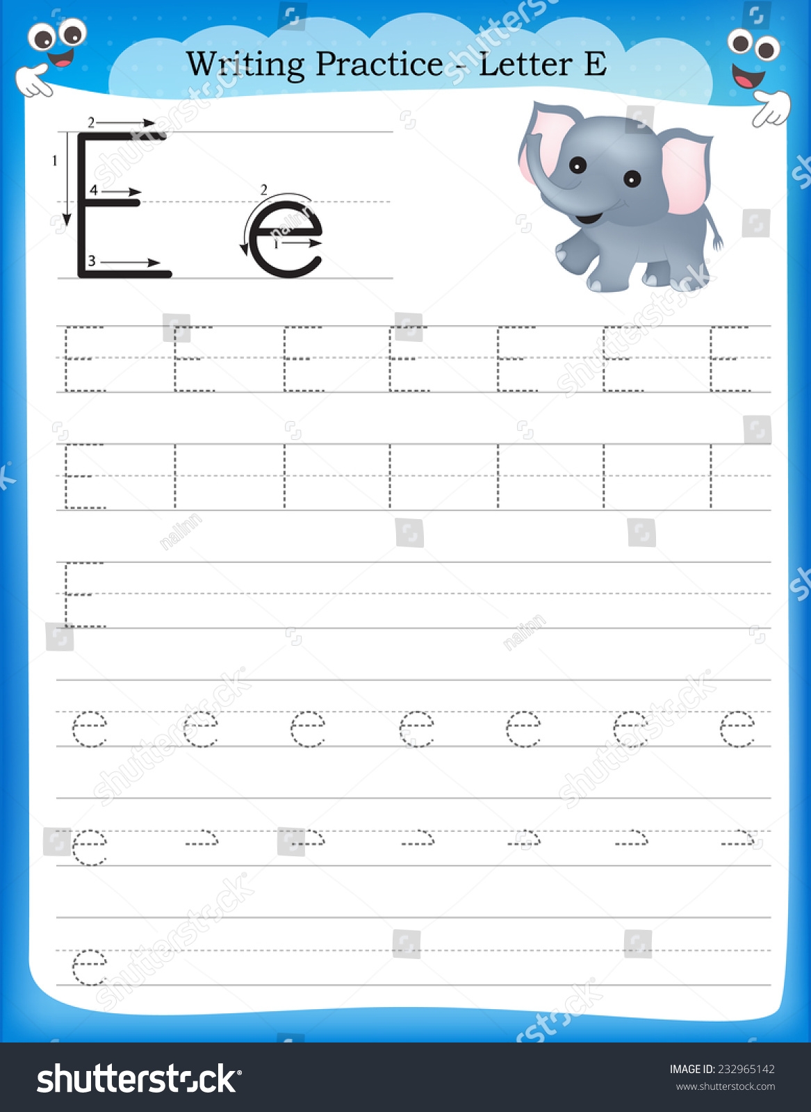 Writing Practice Letter E Printable Worksheet Stock Vector 