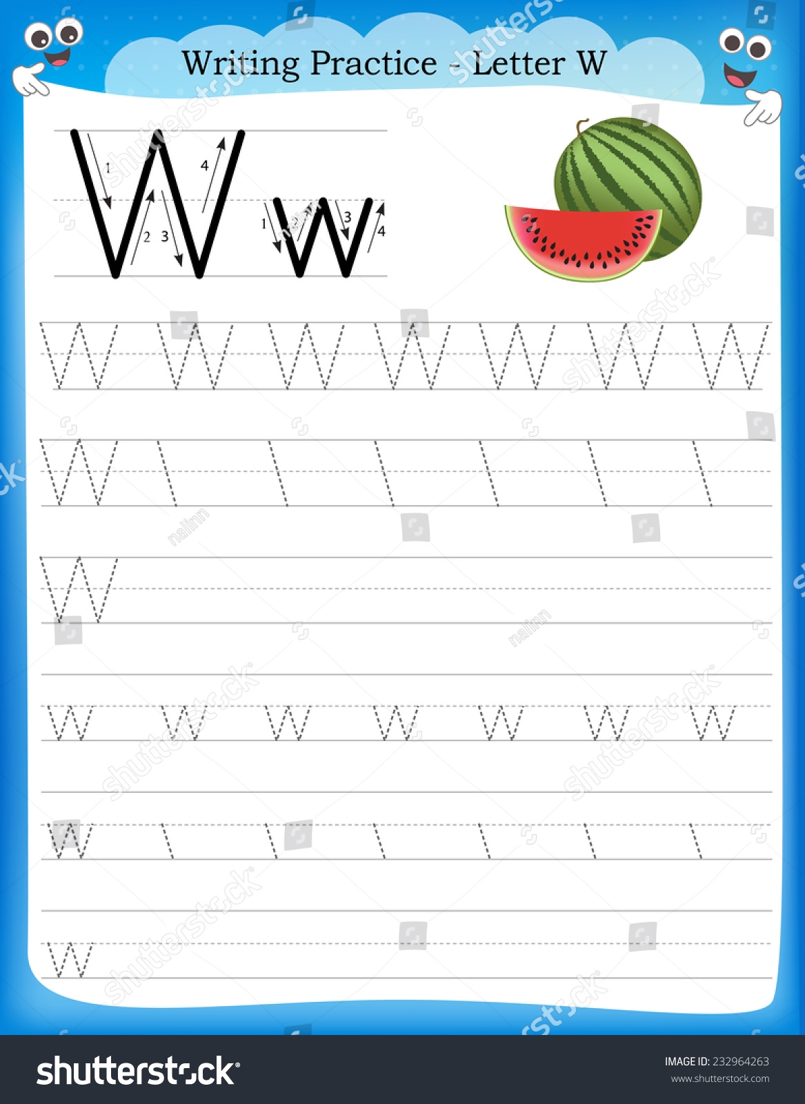 Writing Practice Letter W Printable Worksheet Stock Vector 