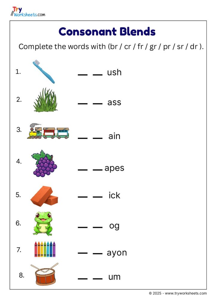 Br Cr Dr Fr Gr Pr Tr Worksheets - Consonant Blends Worksheet – Complete the Words with br, cr, fr, gr, pr ...