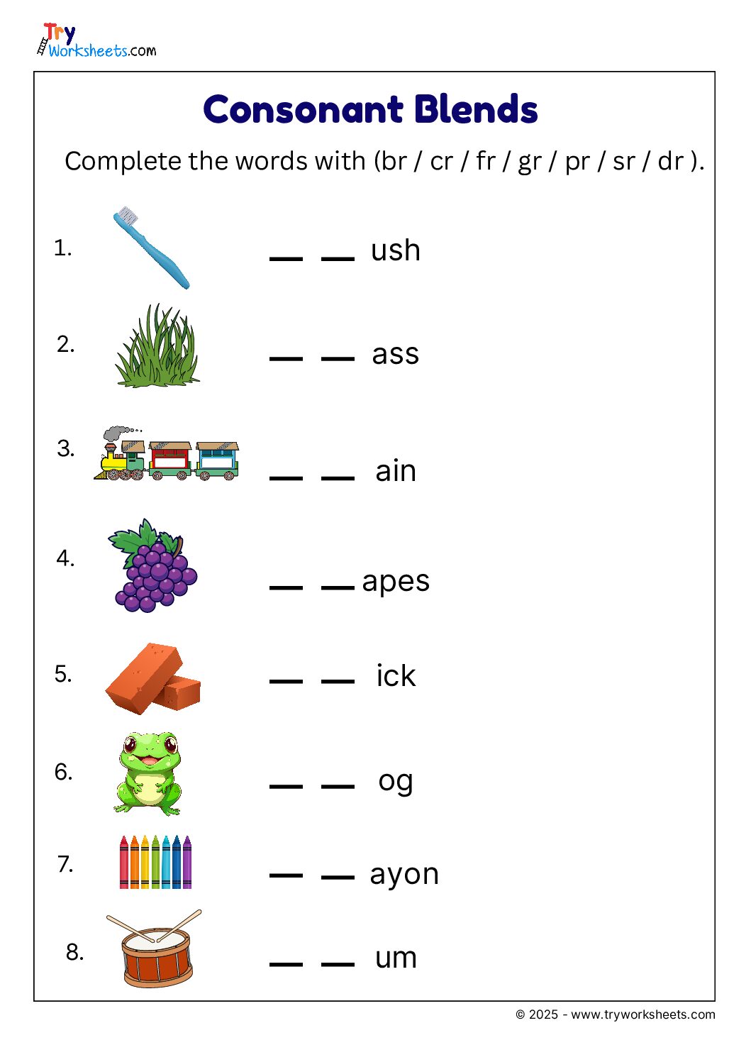 Br Cr Dr Fr Gr Pr Tr Worksheets - Consonant Blends Worksheet – Complete the Words with br, cr, fr, gr, pr ...