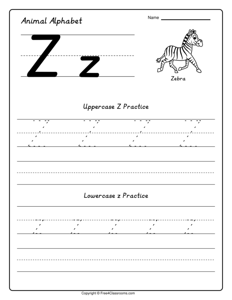 Free Animal Alphabet Letter Z Tracing Worksheet - D'Nealian Print