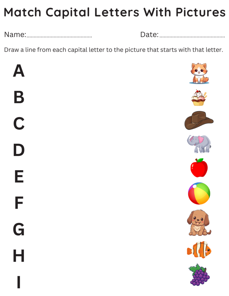 Free Printable Pre K Worksheets Matching Capital Letters - Printable match capital letters with pictures kindergarten worksheets ...