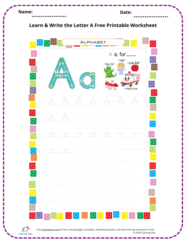 Learn & Write the Letter A Free Printable Worksheet