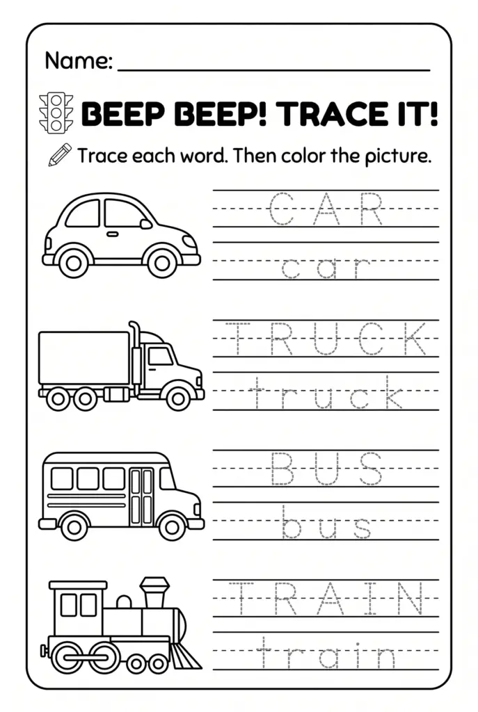 Transportation Word Tracing Worksheet for Preschool Transportation Word Tracing Worksheet for Preschool